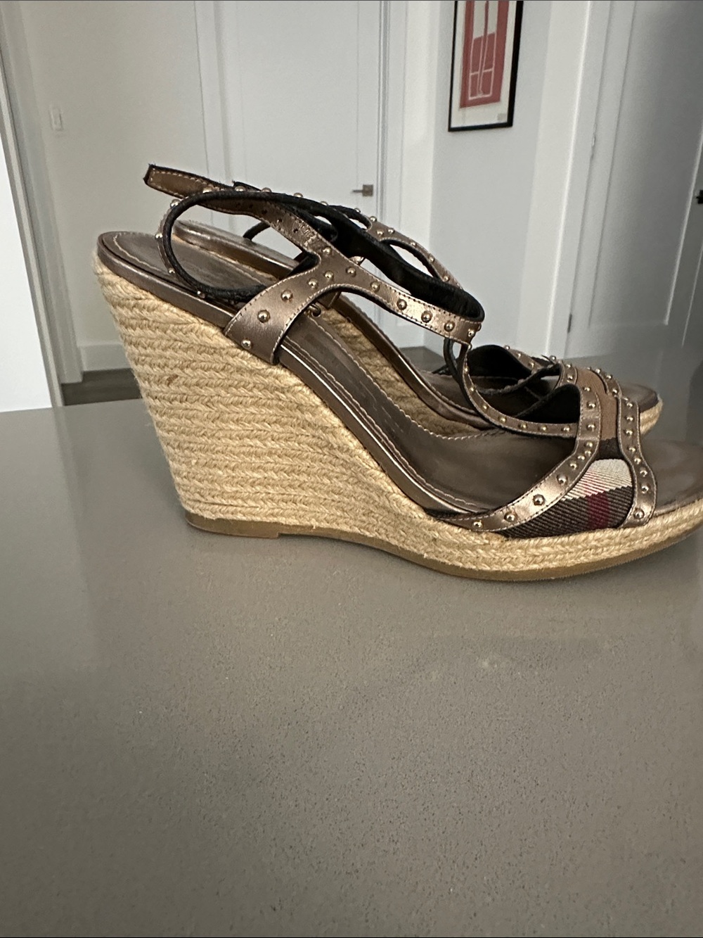 Burberry Metallic Brown Studded Wedge Sandals with Signature Stripe - Picture 2 of 5